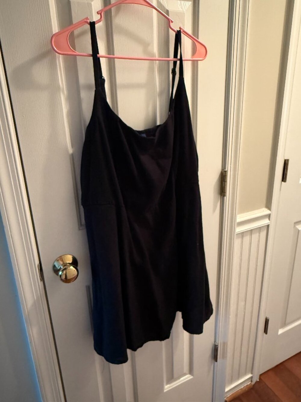 Spaghetti Strap Black Mini Linen Dress with Pockets Size XL